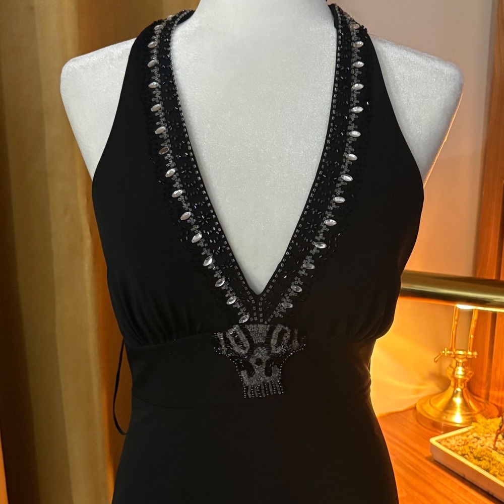 Vtg 90s Cache Black Beaded Halter Neck V-Neck Midi Cocktail Dress 30021 Womens 6 - Picture 2 of 5